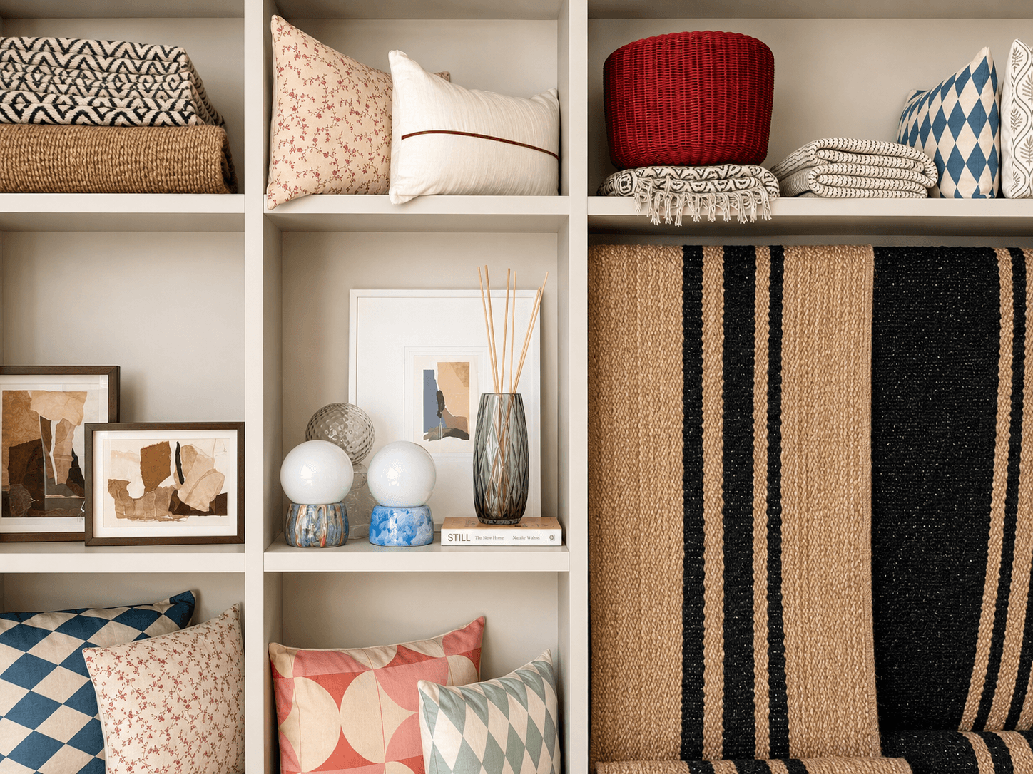 Estantería con textiles, cerámica y objetos en distintas texturas y colores